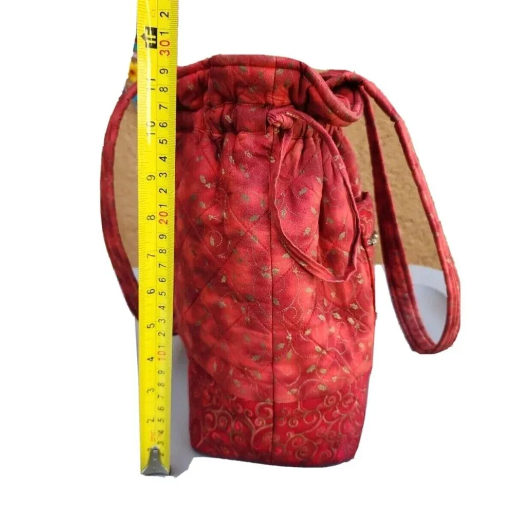 VTG Quilted Red Brick Tie-Dye Drawstring Multi Pocket Arts & Craft Cotton Bag
